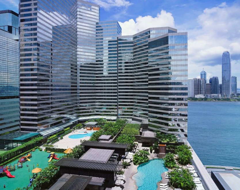 Grand Hyatt Hong Kong on the Wan Chai waterfront, its pool garden below